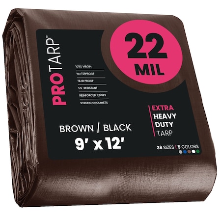 Protarp Heavy Duty Tarp, 9 ft x 12 ft, 22 Mil, Brown/Black, Polyethylene, Waterproof, Rip and Tear Proof PT-202-9X12